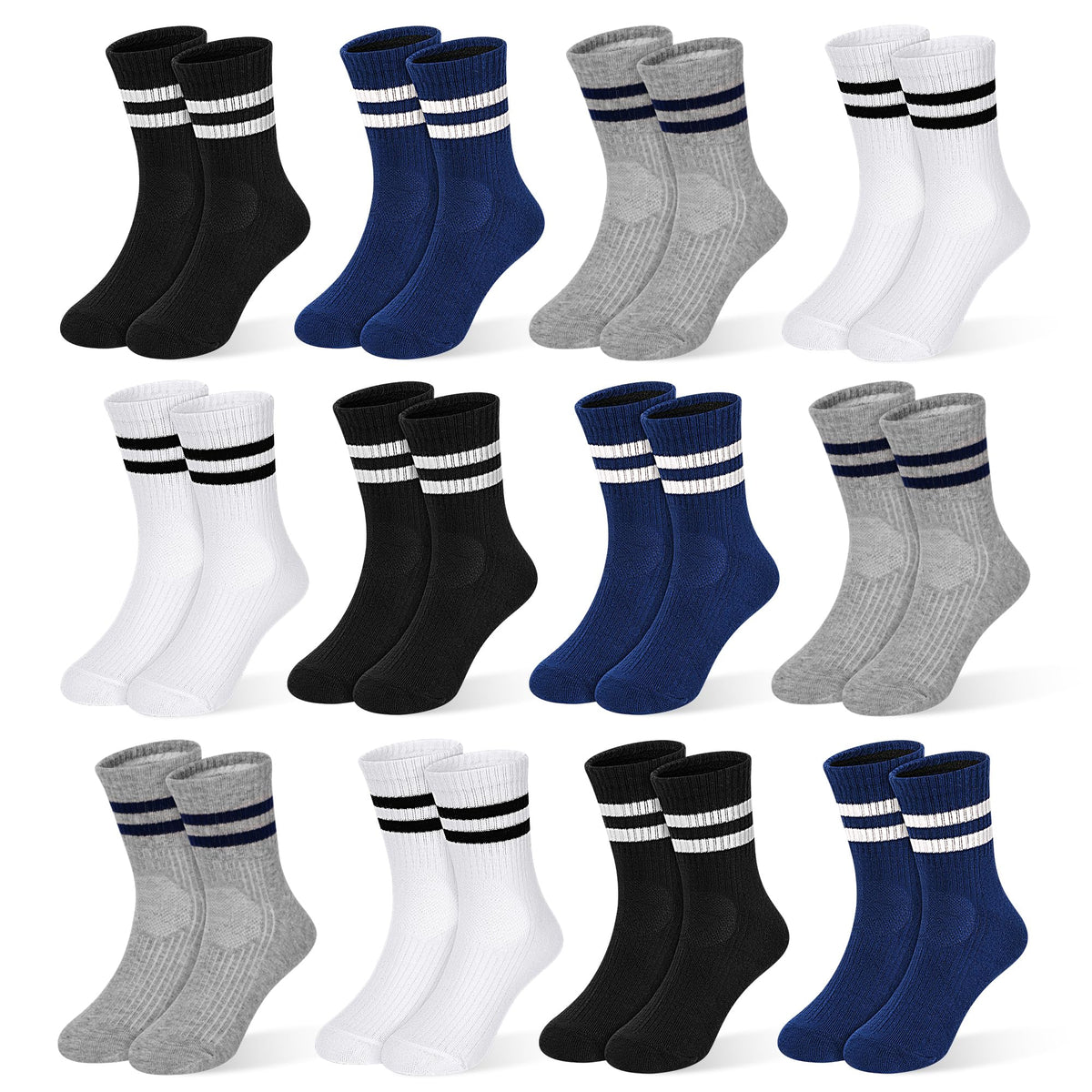 GENTABY 12 Pairs Boys Crew Socks, Kids Athletic Stripes Socks Toddler 1-12Y