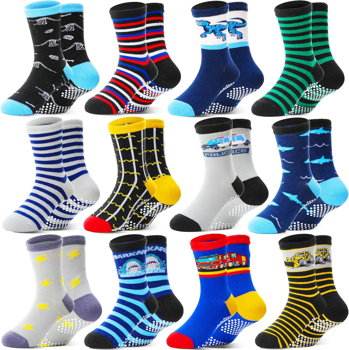 Welwoos Baby Boys Grips Socks 12 Pairs Kids Toddlers Infants Anti Slip Non Skid Funny Cartoon Crew Breathable Cotton Socks