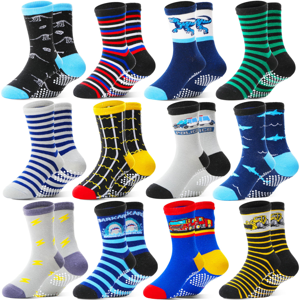 Welwoos Baby Boys Grips Socks 12 Pairs Kids Toddlers Infants Anti Slip Non Skid Funny Cartoon Crew Breathable Cotton Socks