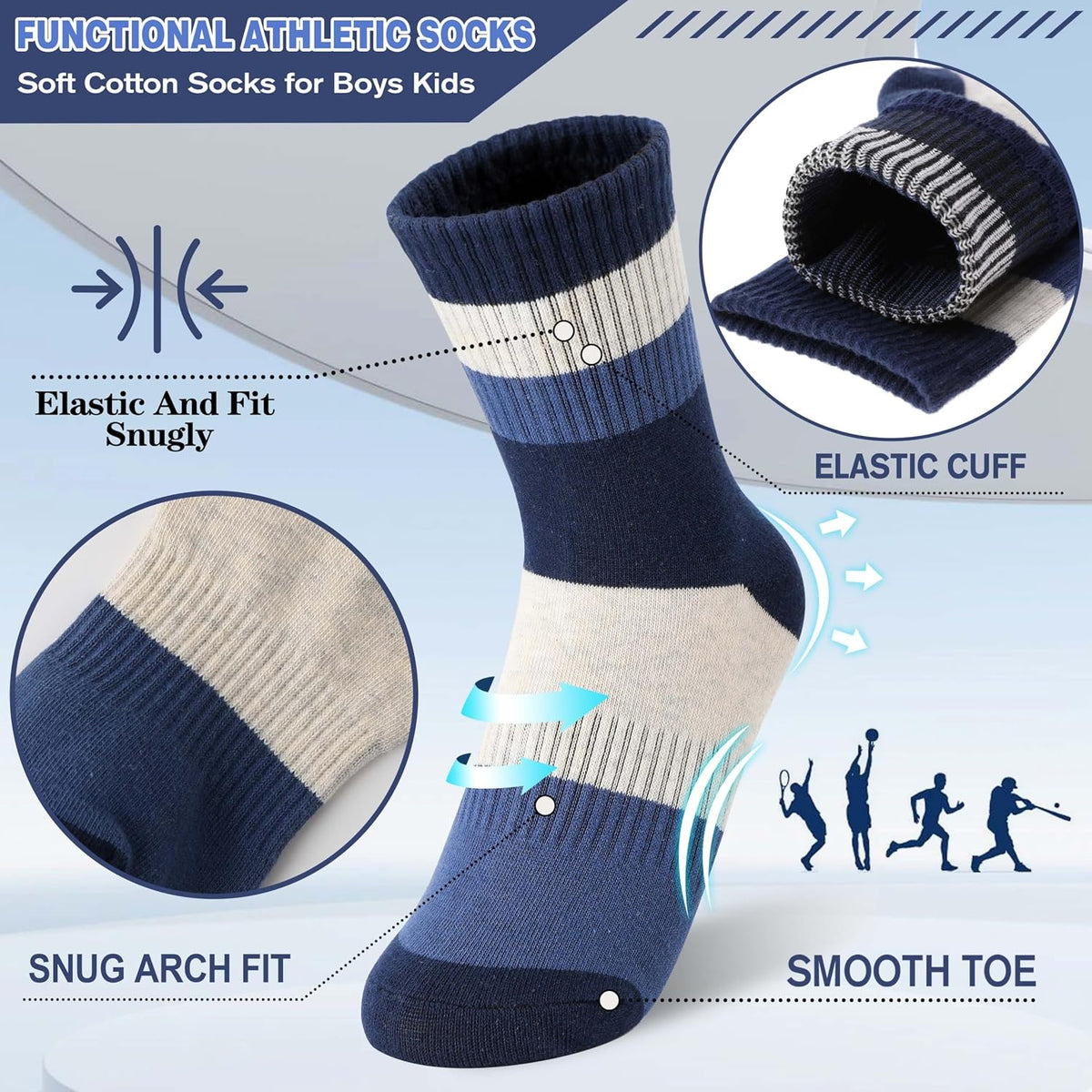 MOGGEI Boys Kids Girls Athletic Socks Basketball Sport Youth Crew Cotton Breathable Outdoor Socks 6 Pairs