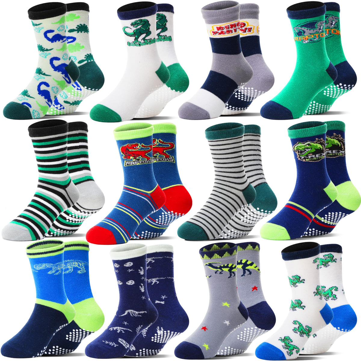 Welwoos Baby Boys Grips Socks 12 Pairs Kids Toddlers Infants Anti Slip Non Skid Funny Cartoon Crew Breathable Cotton Socks