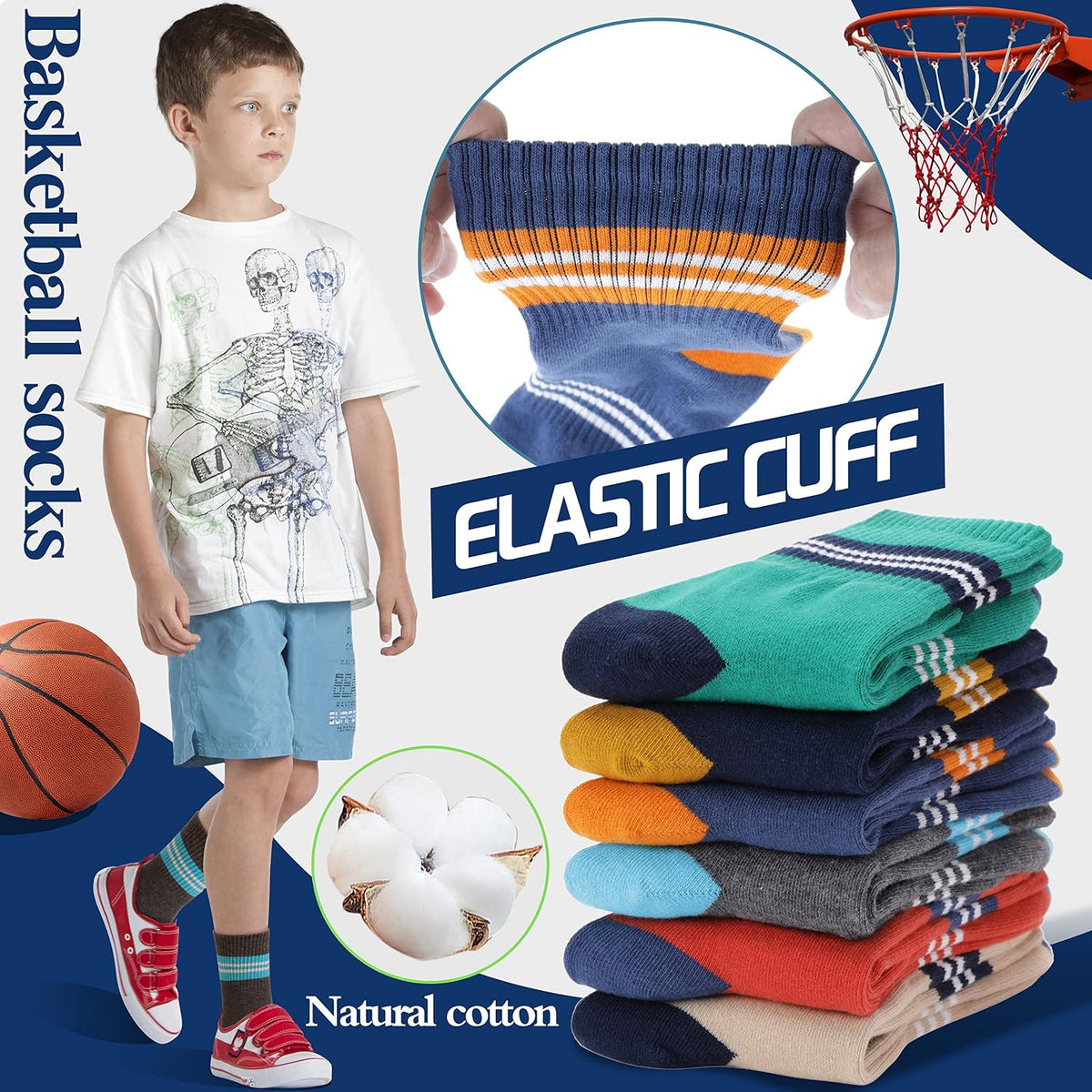 Welwoos 6 Pairs Kids Boys Girls Socks Athletic Basketball Youth Sport Crew Cotton Breathable Soft Socks
