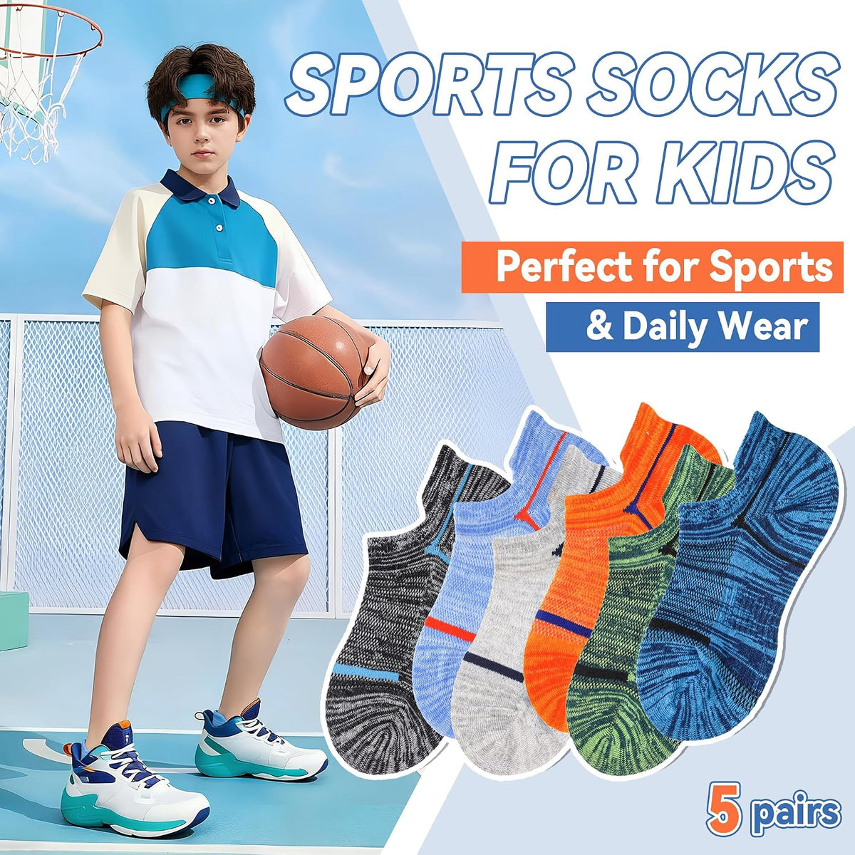 Eocom Kids Boys Ankle Socks Low Cut Athletic Cotton Sport Socks For Little Boys 6 Pairs
