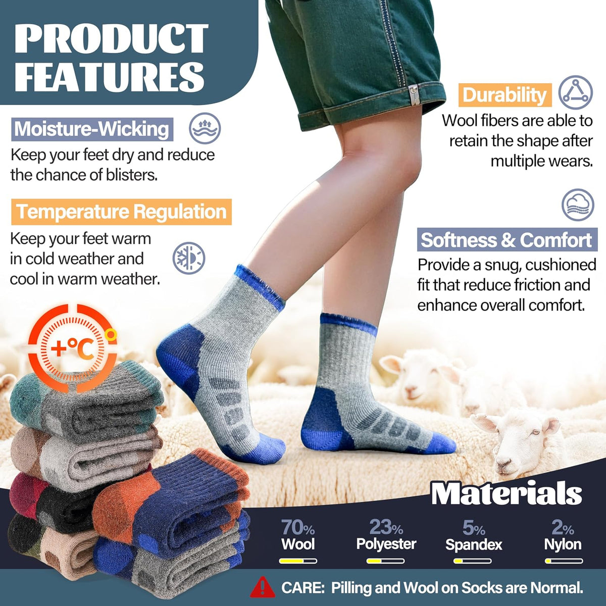 Anlisim Kids Merino Wool Hiking Socks for Boys Girls Toddlers, 6 Pairs