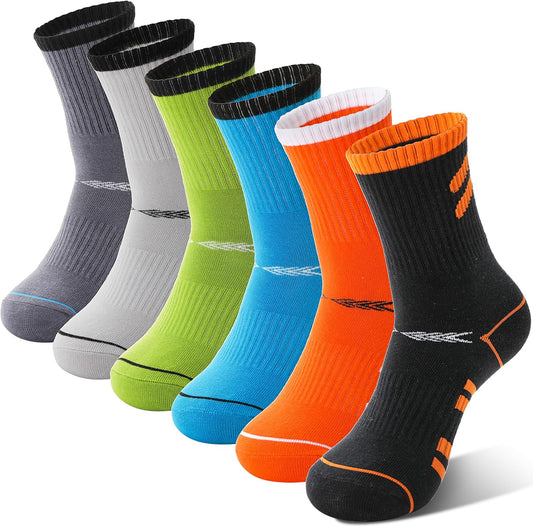 Sandsuced 6 Pairs Kids Boys Socks Athletic Basketball Sport Youth Crew Cotton Soft Breathable Socks for Outdoor