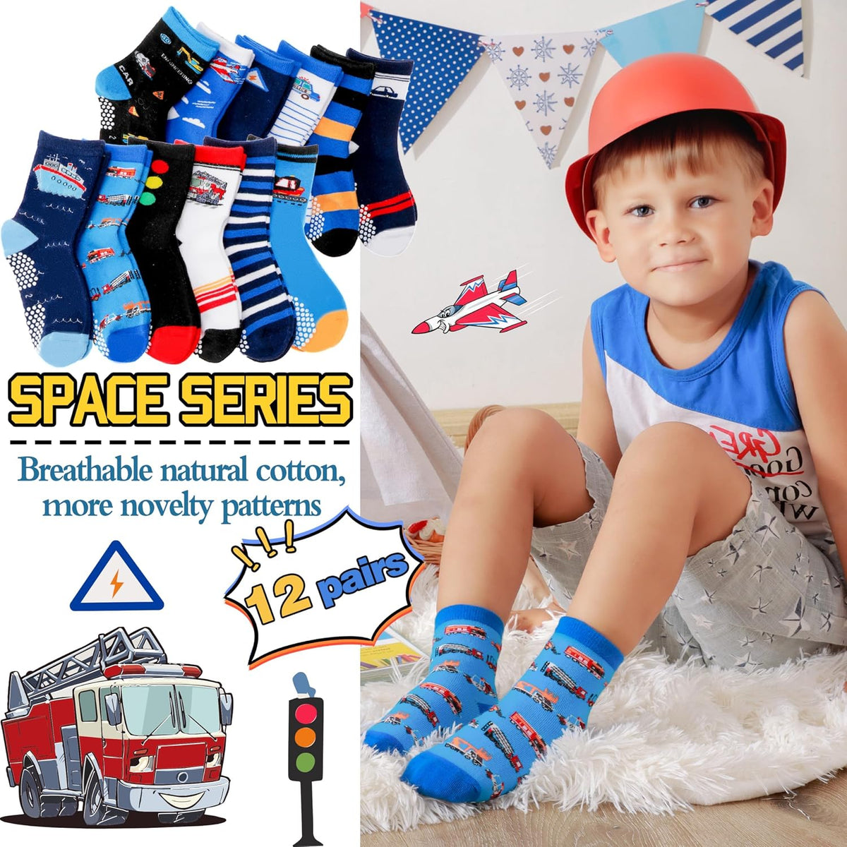 Welwoos Baby Boys Grips Socks 12 Pairs Kids Toddlers Infants Anti Slip Non Skid Funny Cartoon Crew Breathable Cotton Socks