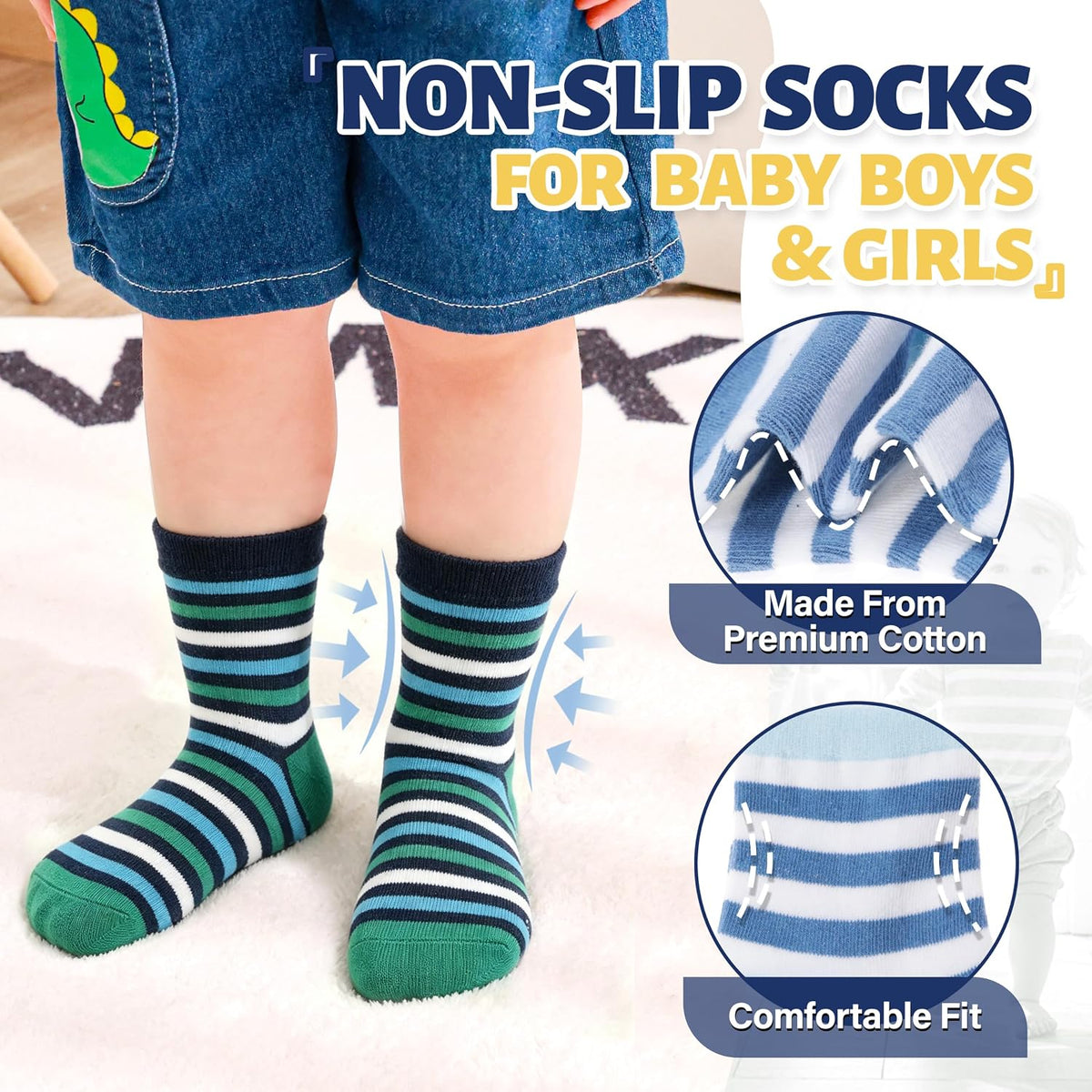 ANTSANG Baby Boys Grips Socks, Kids Toddlers Infants Crew Cotton Socks