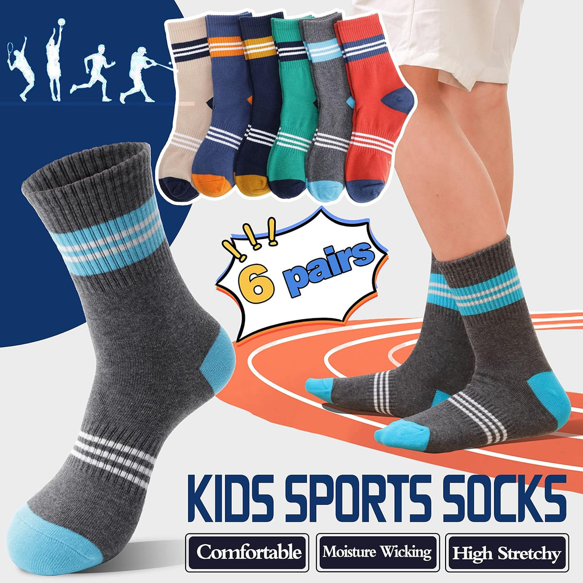 Welwoos 6 Pairs Kids Boys Girls Socks Athletic Basketball Youth Sport Crew Cotton Breathable Soft Socks