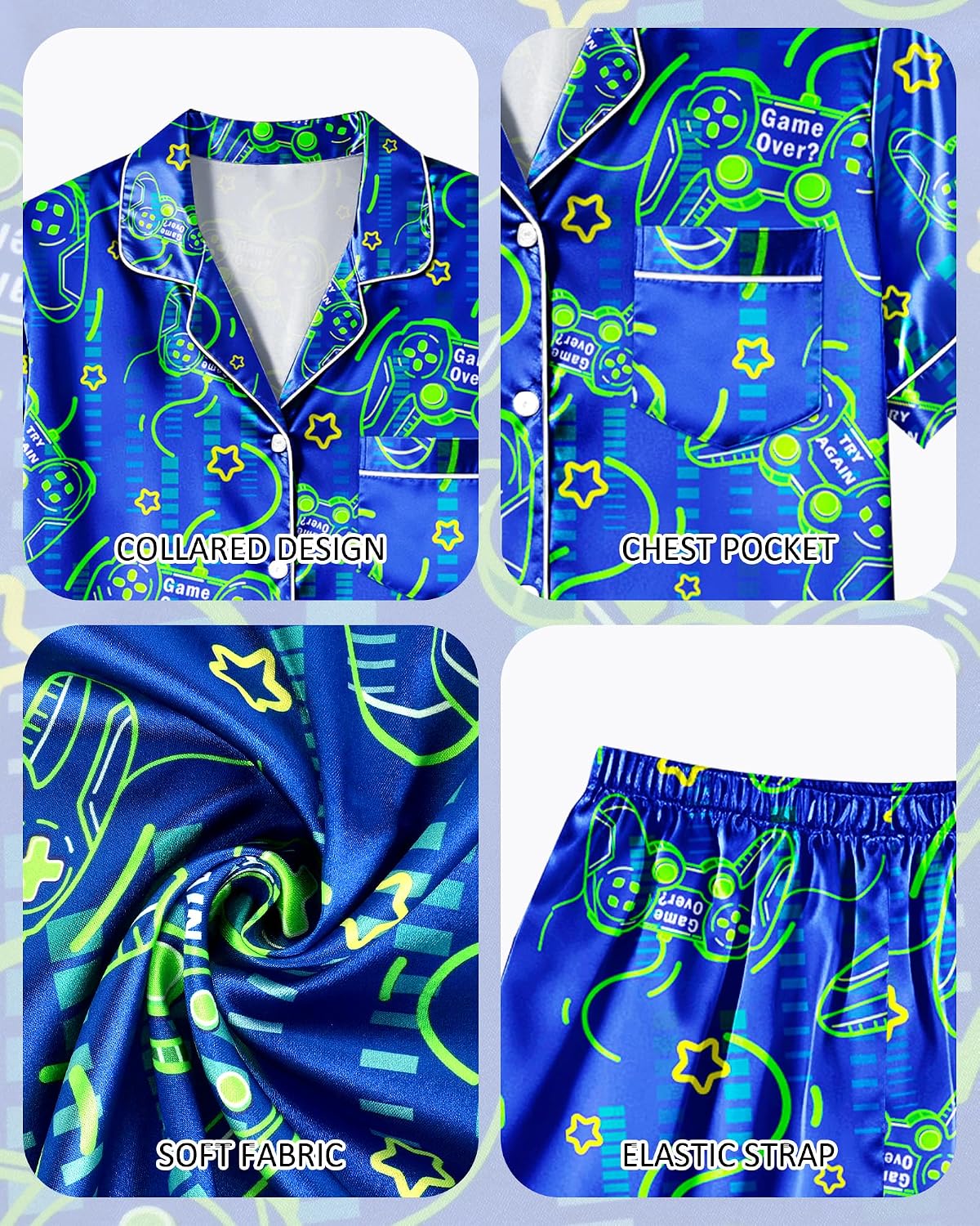 PASHOP Boys Pajamas Boys Satin Pajamas Set Summer Short Sleeve Button-Down & Shorts Pjs Kids Boy Silky Pajama Size 8-14