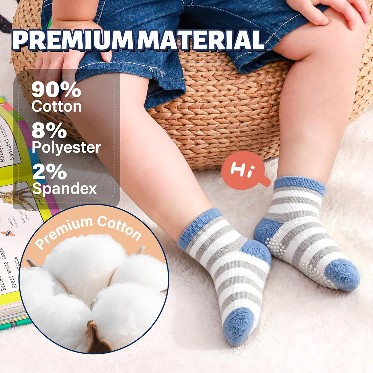 ANTSANG Baby Boys Grips Socks, Kids Toddlers Infants Crew Cotton Socks