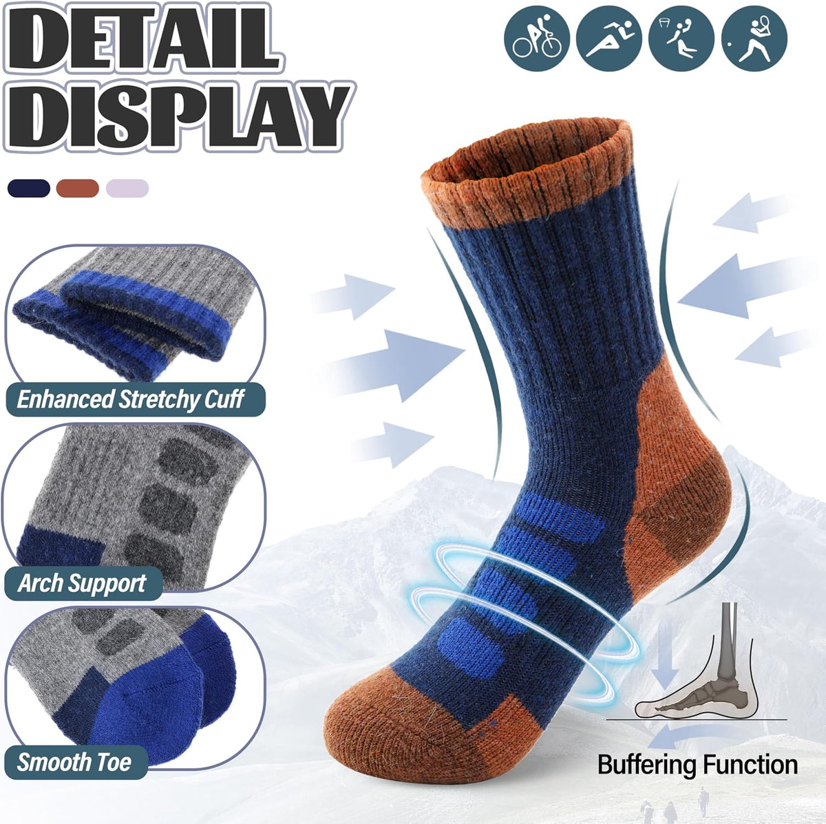 Anlisim Kids Merino Wool Hiking Socks for Boys Girls Toddlers, 6 Pairs