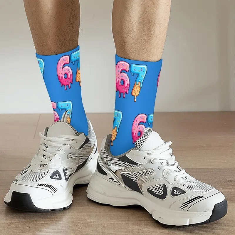 67 Ice Cream Print Socks Suitable for Boys & Girls - Funny 67 Number Meme Socks with Ice Cream Cone & Sprinkle Design, Winter Warm Funny Gifts for Teenagers (Hand Wash/Dry Clean), for Teenager
