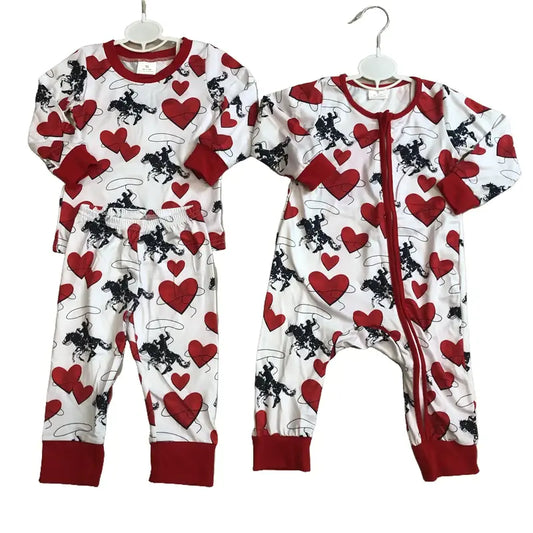 Boys' Valentine's Day Pajamas Set, Kids' 2-Piece Western Cowboy Heart Print Casual Comfy Cotton Sleepwear, Onesie, Kid, Casual Comfy Pajama, Children, Sleepwear Pajamas