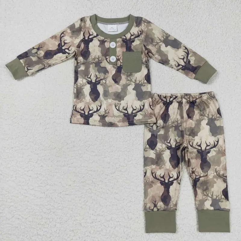 Kids Boy Camo Pajamas Set Deer Hunting Pockets Sleep Wear Winter Clothing