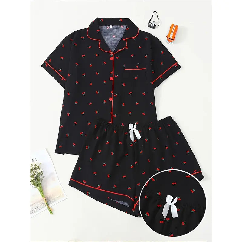Boys' Youth 2-Piece Loose-Fitting Short Sleeve Fruit Print Pajama Set - Polyester Bubble-Wrinkle Fabric, Lapel Top, Relaxed-Cut Bow Tie Shorts, Cold-Wash, Dry-Clean Kids' Nightwear Loungewear