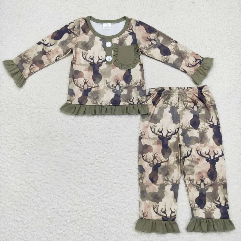 Kids Boy Camo Pajamas Set Deer Hunting Pockets Sleep Wear Winter Clothing